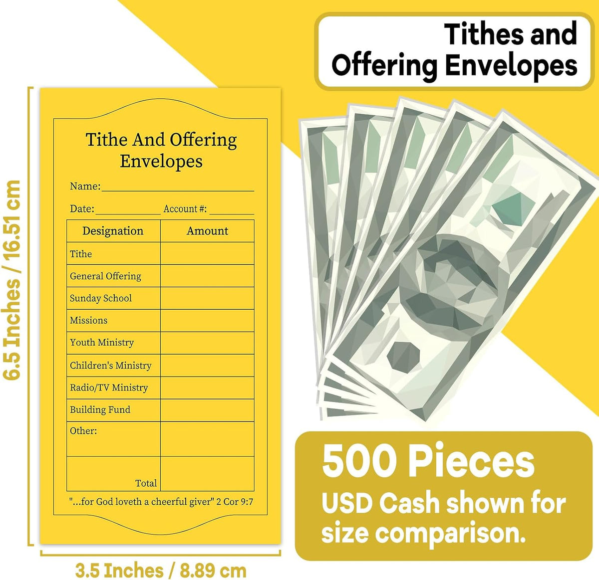 500Pcs Tithes and Offering Envelopes for Church Offering Tithe Envelopes for Church Supplies Donation Church Offering Envelopes 6.5X3.5 Inch Church Envelopes for Tithe and Offering(Yellow)