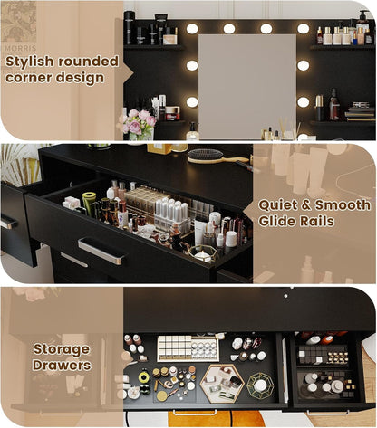 Black Makeup Vanity Desk, Vanity Mirror with LED Lights Power Outlet, Large Desk Vanity Table with 7 Drawers, Wood Storage Vanity Dressing Table with 3-Color Light, Bedroom Room Furniture