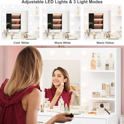 Vanity Desk Table with Lighted Mirror 45.6“ Girls Makeup Vanity with Power Outlet, 3 Colors Lighting Adjustable,8 Stroge Drawers, Brightness Vanity Table for Women Bedroom Dressing Room