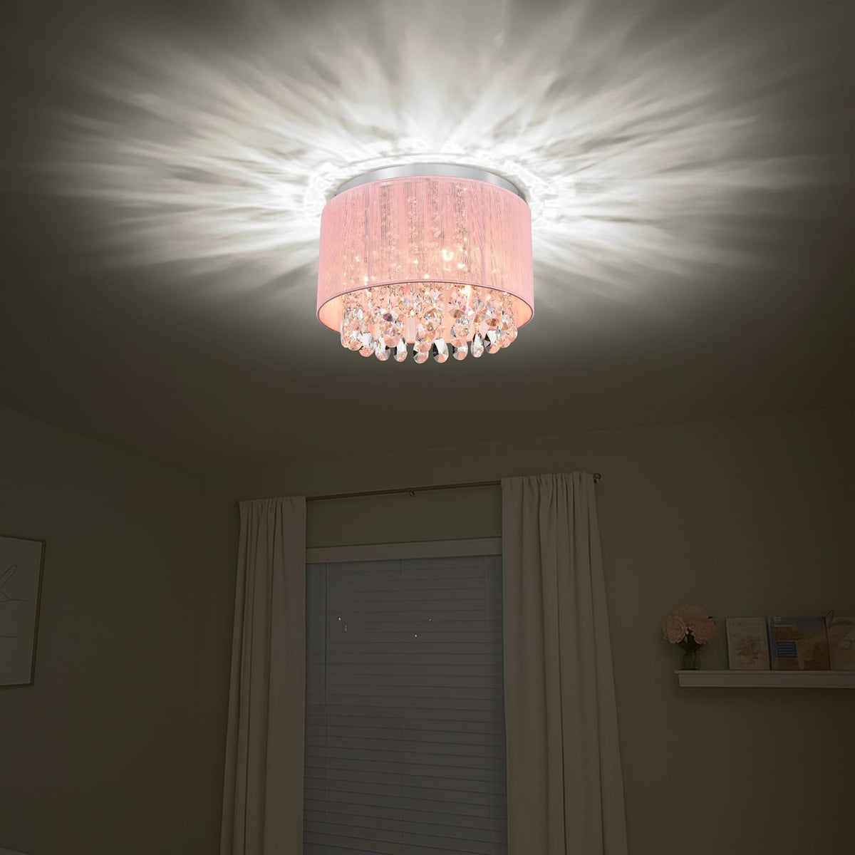Pink Chandelier Drum Flush Mount Chandelier Crystal Ceiling Light Fixture 3 Light Bedroom Chandelier