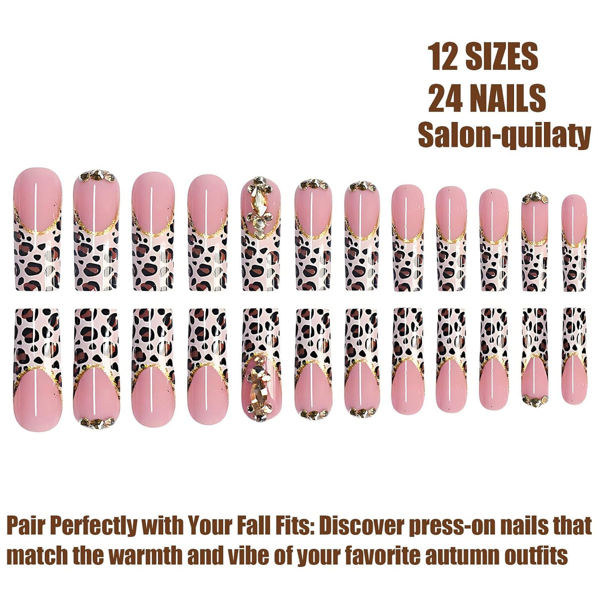 Long Square Press on Nails French Tip Press-On Nails Brown Fall Nails Art for Women