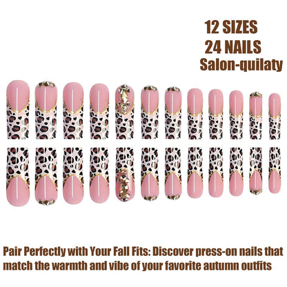 Long Square Press on Nails French Tip Press-On Nails Brown Fall Nails Art for Women