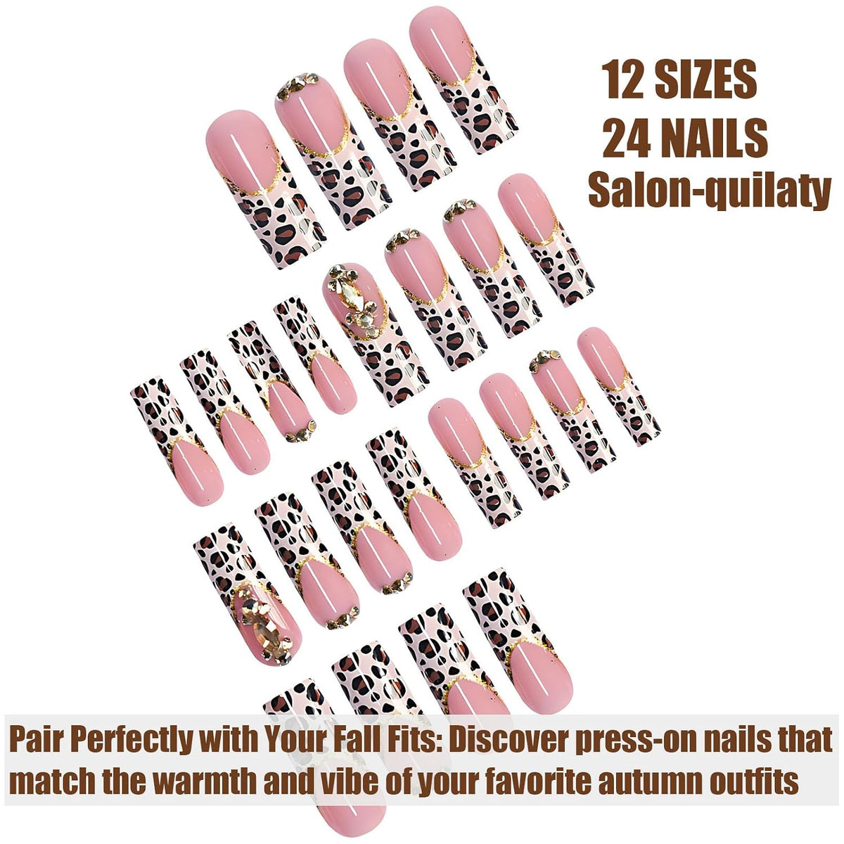 Long Square Press on Nails French Tip Press-On Nails Brown Fall Nails Art for Women