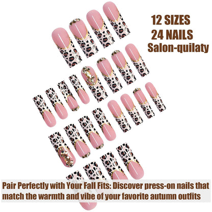 Long Square Press on Nails French Tip Press-On Nails Brown Fall Nails Art for Women