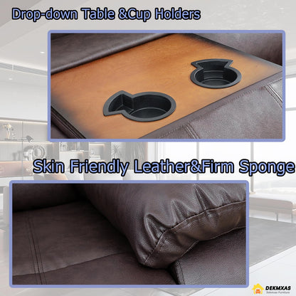 3PCS Recliner Sofa Set Vegan Leather Reclining Couch Set  Living Room Furniture Sets Manual Reclining Sofa Set with Cup Holders/Storage Console/Flip down Table for Home/Office (Brown, 3PCS Set)