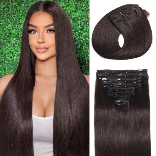 Clip in Hair Extensions Real Human Hair Dark Brown Hair Extensions Clip Ins