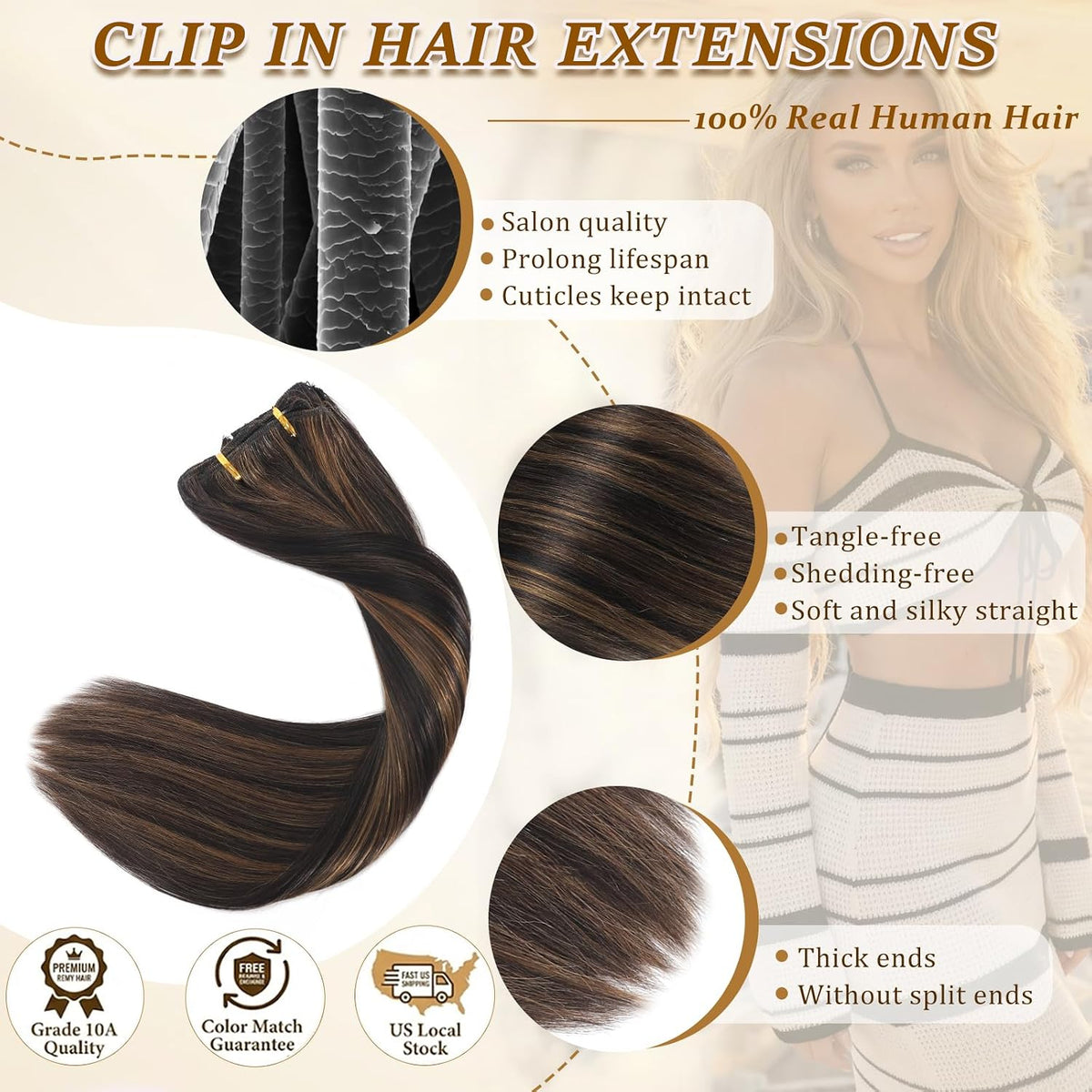 Clip in Hair Extensions Human Hair Remy Balayage Hair Extensions 14Inch