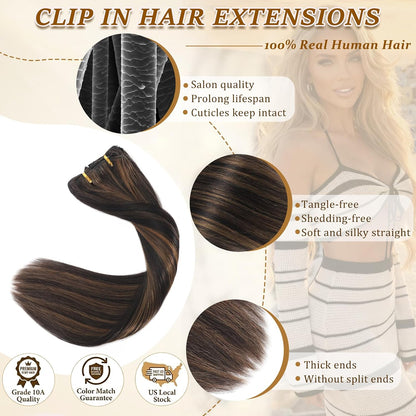 Clip in Hair Extensions Human Hair Remy Balayage Hair Extensions 14Inch