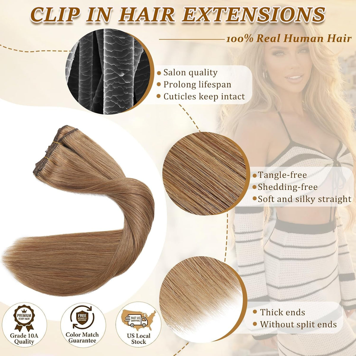 Chestnut Brown Hair Extensions Real Human Hair Clip Ins for Women 14Inch