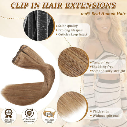 Chestnut Brown Hair Extensions Real Human Hair Clip Ins for Women 14Inch