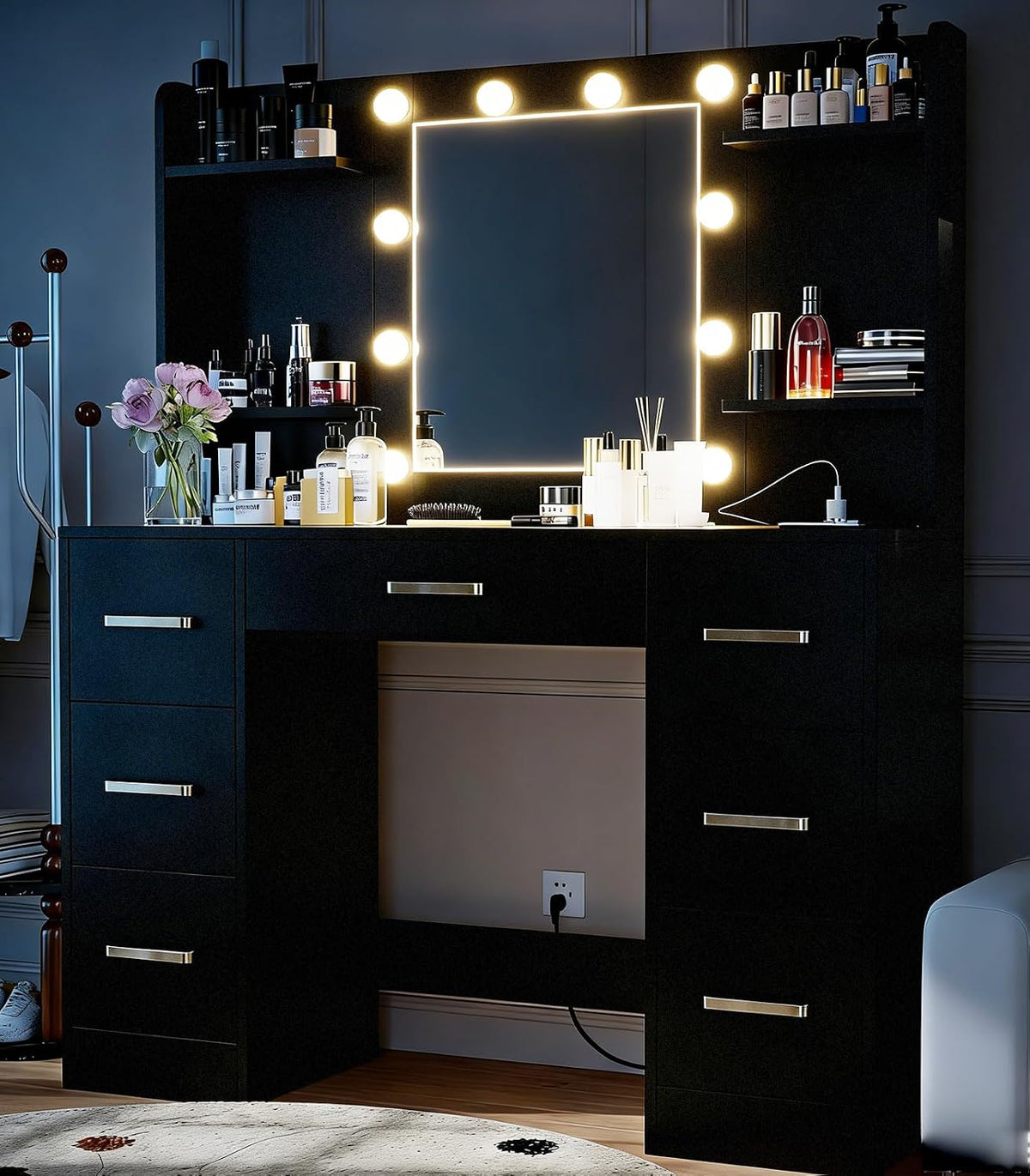Black Makeup Vanity Desk, Vanity Mirror with LED Lights Power Outlet, Large Desk Vanity Table with 7 Drawers, Wood Storage Vanity Dressing Table with 3-Color Light, Bedroom Room Furniture