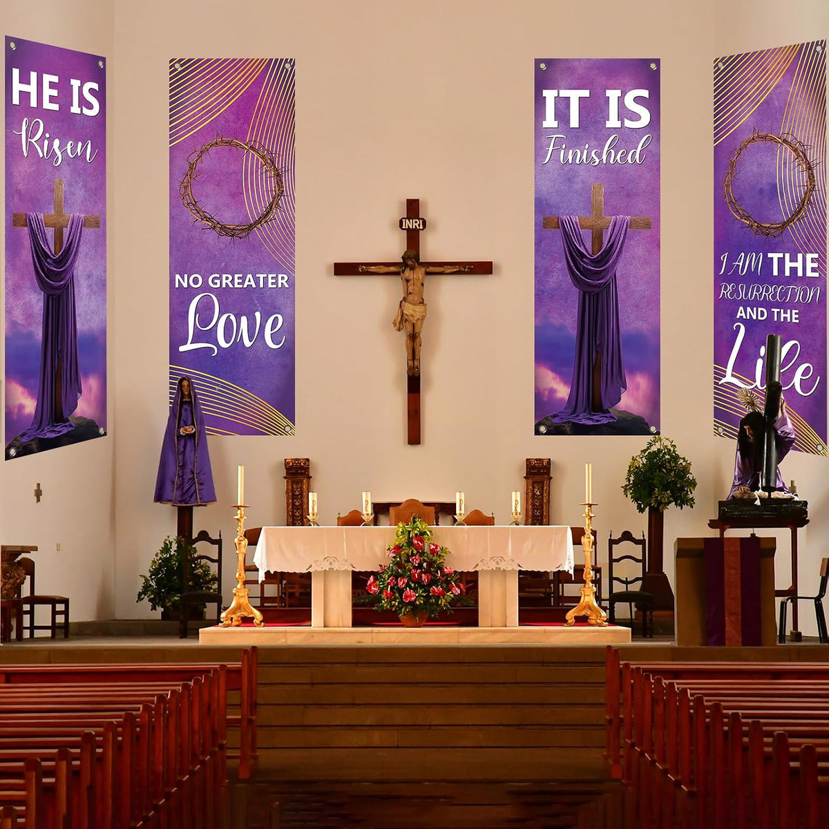 4Pcs Church Banners for Sanctuary Wall Welcome Religious Banners Hanging Backdrop Easter Church Hanging Signs Bible Verses Banner Scripture Church Hanging Signs for Church School Decor