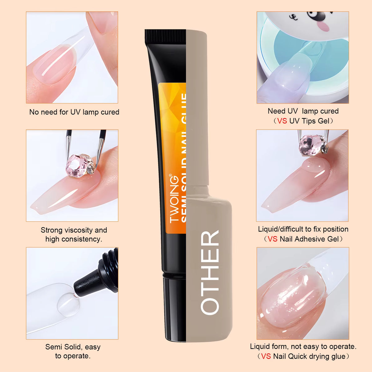 Quick-Dry Nail Glue，Semi Solid Super Strong Adhesive for Press-On Nails，Rhinestones，Acrylic Nails，Fake Nail，No Need UV/LED Cured